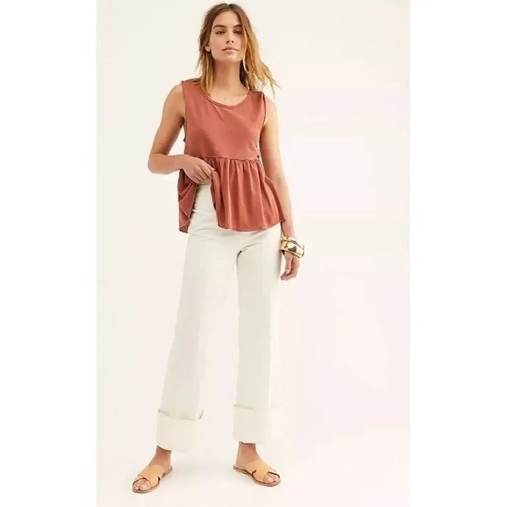 NWT Free People Anytime Cotton Peplum Hem Tank Taos Brown Burnt Orange Medium - Picture 2 of 8